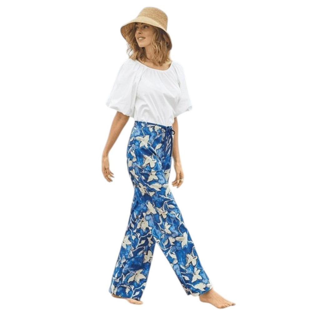Peruvian Connection Cote Dazur Wide Leg Pants Blue Floral Linen Blend Beachy 8